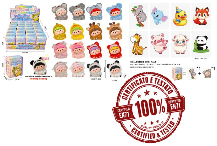 CHIBI PALS Bamboline in Resina (Con Versione Floccata a Sorpresa) + Crystal Card 4cm (In Blind Box 8x6x4cm) In espo da 24pz 16ass…x24…x48